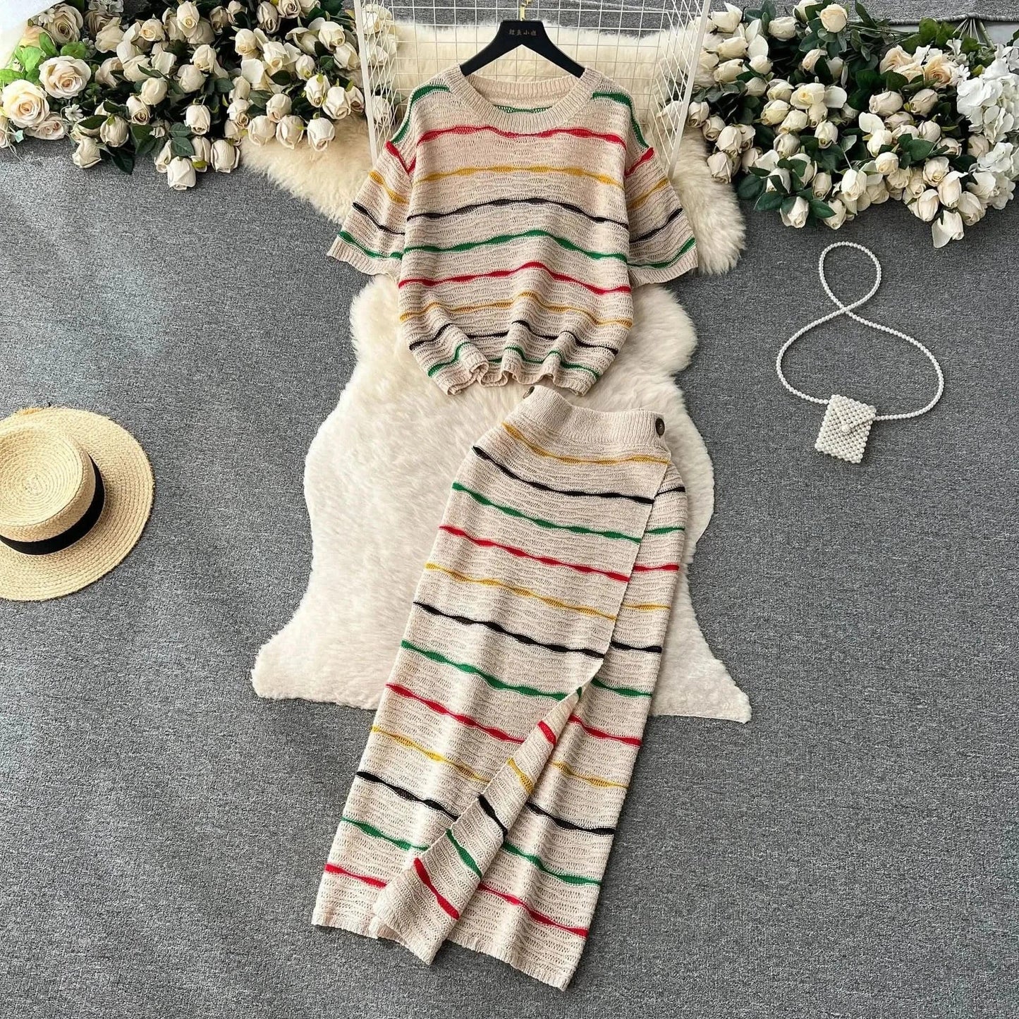 Dress Stets Women Short Sleeve Striped O Neck Tops Knitting Two Pieces Set Slim Sexy High Waist Ankle Length Y2k Streetwear