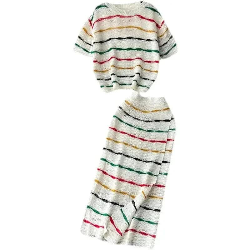 Dress Stets Women Short Sleeve Striped O Neck Tops Knitting Two Pieces Set Slim Sexy High Waist Ankle Length Y2k Streetwear