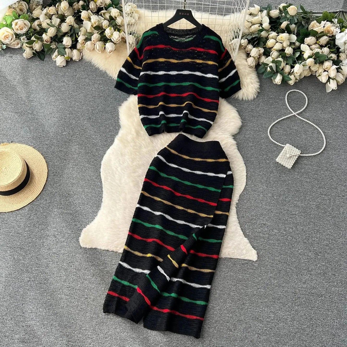 Dress Stets Women Short Sleeve Striped O Neck Tops Knitting Two Pieces Set Slim Sexy High Waist Ankle Length Y2k Streetwear