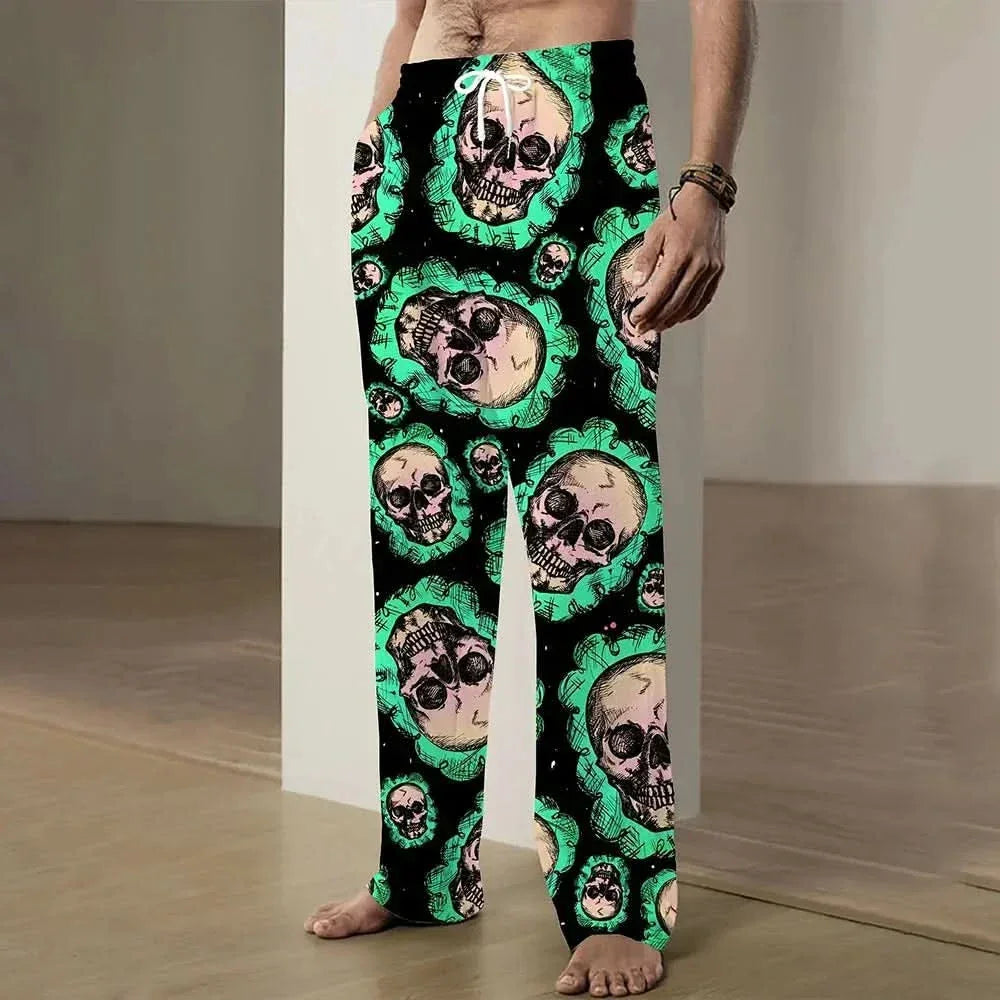 2025 New Fashion Skull Graphic Print Trousers Plus Size Loose Fit Men's Casual Pants Outdoor Daily Wear Drawstring Waist Pants