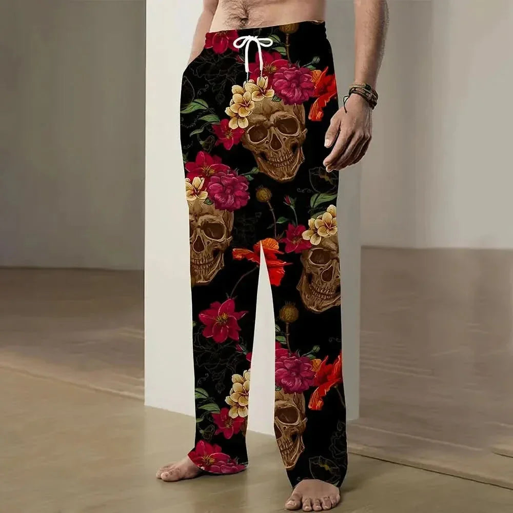 2025 New Fashion Skull Graphic Print Trousers Plus Size Loose Fit Men's Casual Pants Outdoor Daily Wear Drawstring Waist Pants