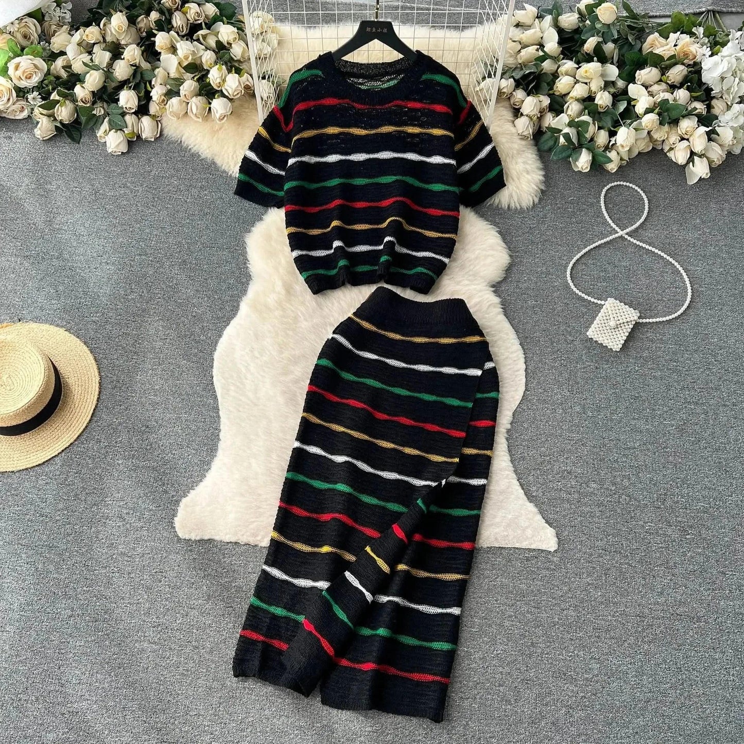 Dress Stets Women Short Sleeve Striped O Neck Tops Knitting Two Pieces Set Slim Sexy High Waist Ankle Length Y2k Streetwear