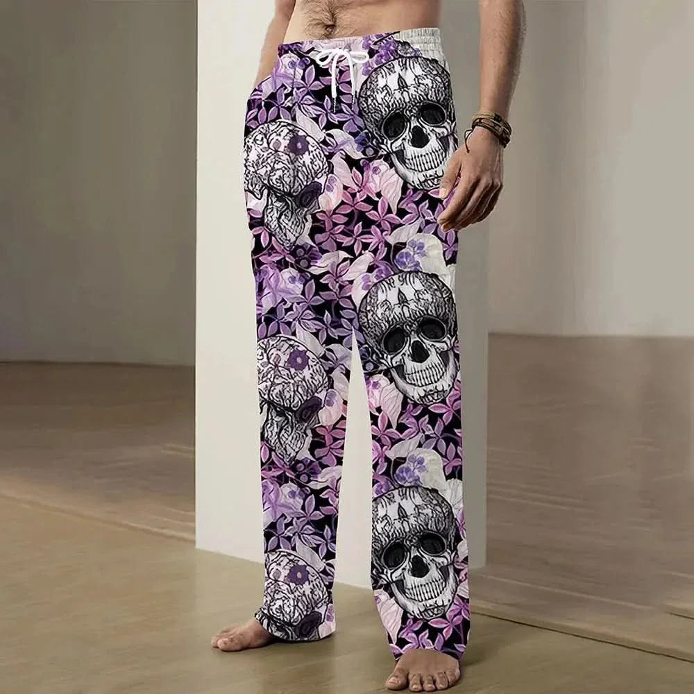 2025 New Fashion Skull Graphic Print Trousers Plus Size Loose Fit Men's Casual Pants Outdoor Daily Wear Drawstring Waist Pants