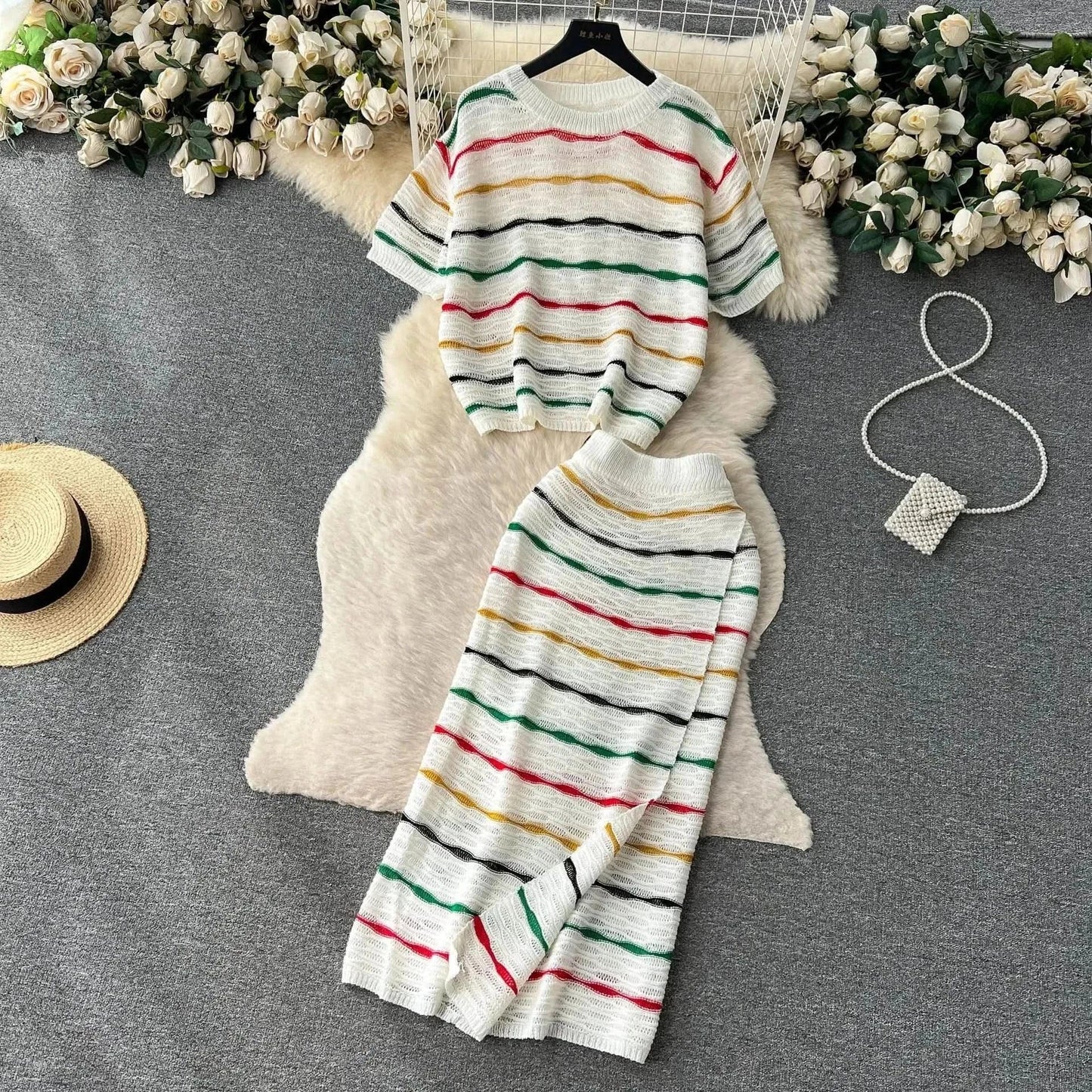 Dress Stets Women Short Sleeve Striped O Neck Tops Knitting Two Pieces Set Slim Sexy High Waist Ankle Length Y2k Streetwear