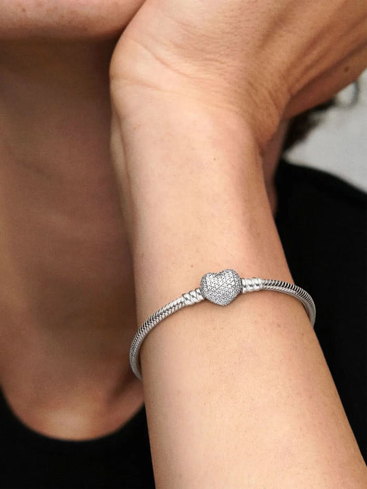Sparkling Heart & Snake Chain Bracelet Sterling silver asasshop