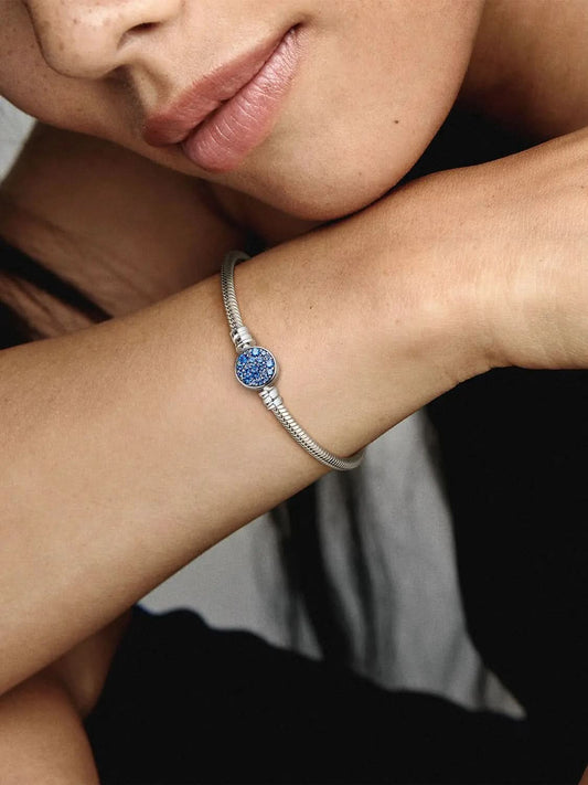 Sparkling Blue Disc Clasp Snake Chain Bracelet Sterling silver asasshop