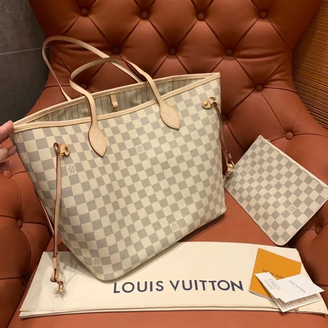 Neverfull MM White Checkered Pink Shopping Bag N41605 asasshop