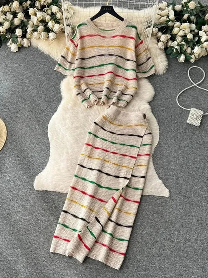 Dress Stets Women Short Sleeve Striped O Neck Tops Knitting Two Pieces Set Slim Sexy High Waist Ankle Length Y2k Streetwear