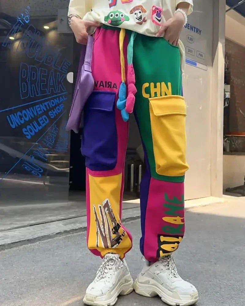 Casual Pocket Patchwork Sweatpants Cargo Pants Pants For Women Y2k Clothes Casual Cotton Trousers Japanese Korean Hip 118cm