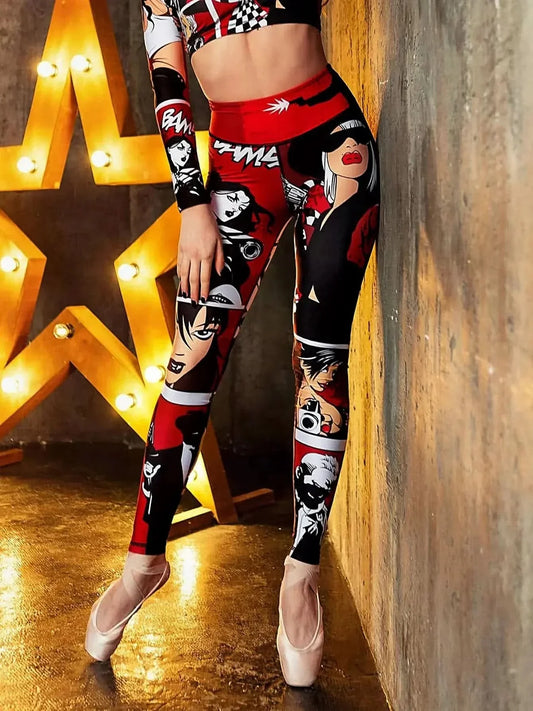 Women's High-Waisted Lip Print Yoga Pants Sexy Red Lips Poster Design Workout Leggings