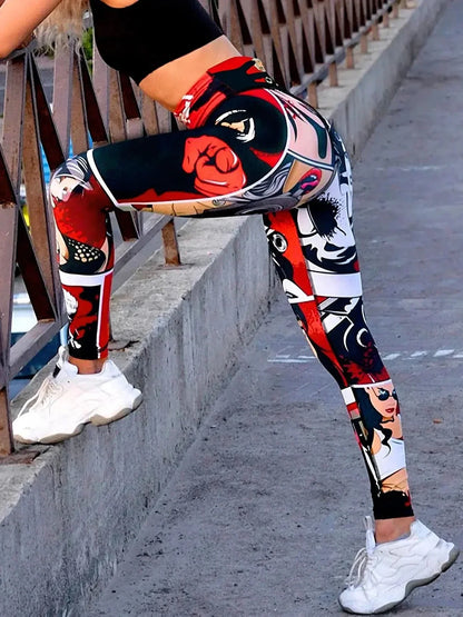Women's High-Waisted Lip Print Yoga Pants Sexy Red Lips Poster Design Workout Leggings