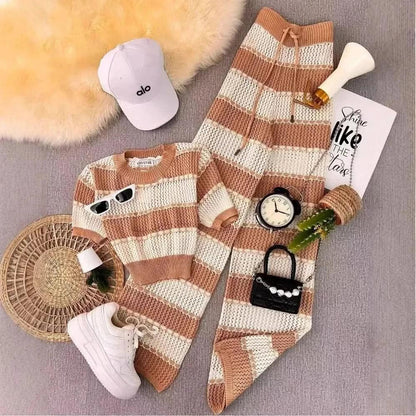 Fashionable Color-blocking Striped Hollowed-out Knitted Set for The Summer of 2025, Featuring A Retro Japanese Laid-back Style