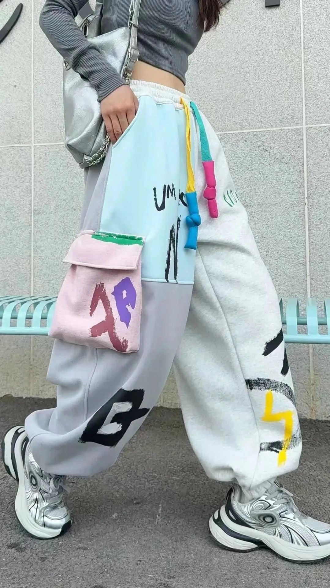 Casual Pocket Patchwork Sweatpants Cargo Pants Pants For Women Y2k Clothes Casual Cotton Trousers Japanese Korean Hip 118cm