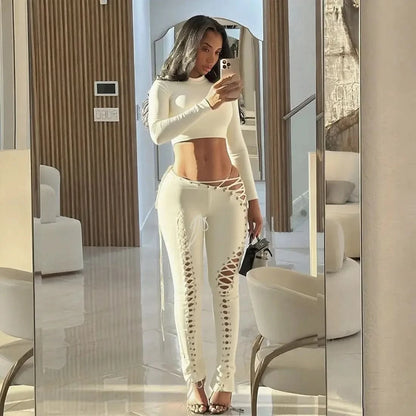 FAGADOER Sexy Bandage Patchwork 2 Piece Sets Woman Outfit Halter Sleeveless Crop Tops and Pants Matching Suit Female Streetwear