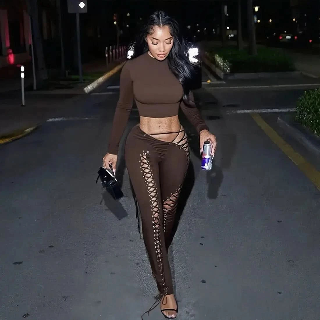 FAGADOER Sexy Bandage Patchwork 2 Piece Sets Woman Outfit Halter Sleeveless Crop Tops and Pants Matching Suit Female Streetwear