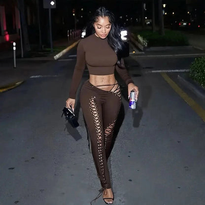 FAGADOER Sexy Bandage Patchwork 2 Piece Sets Woman Outfit Halter Sleeveless Crop Tops and Pants Matching Suit Female Streetwear