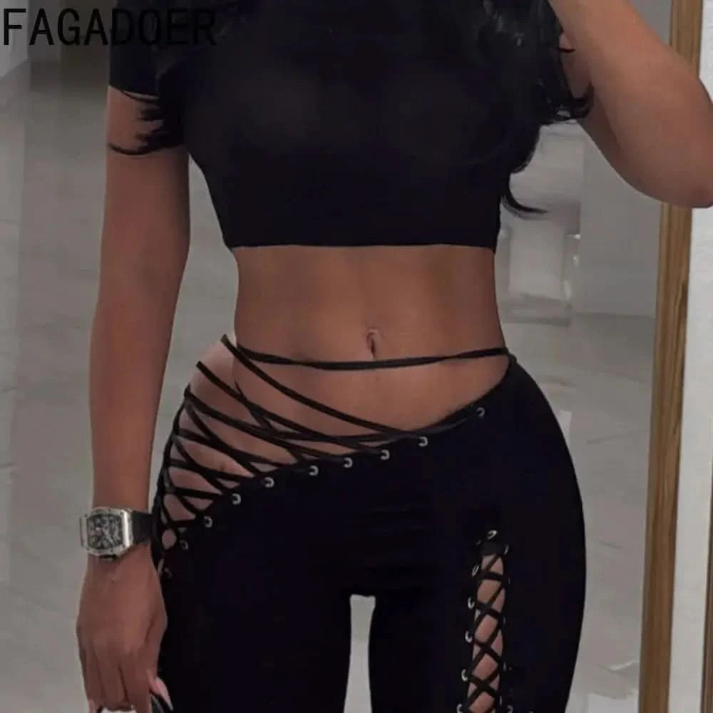 FAGADOER Sexy Bandage Patchwork 2 Piece Sets Woman Outfit Halter Sleeveless Crop Tops and Pants Matching Suit Female Streetwear