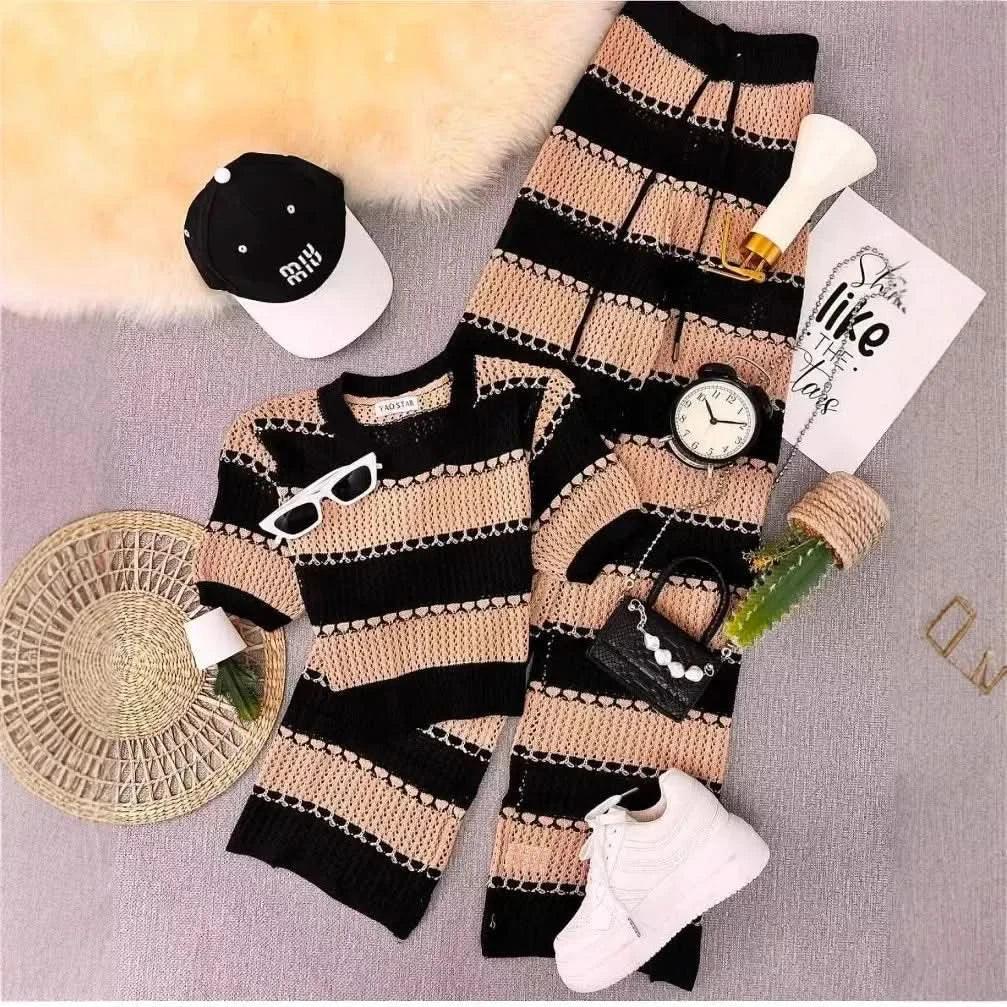 Fashionable Color-blocking Striped Hollowed-out Knitted Set for The Summer of 2025, Featuring A Retro Japanese Laid-back Style