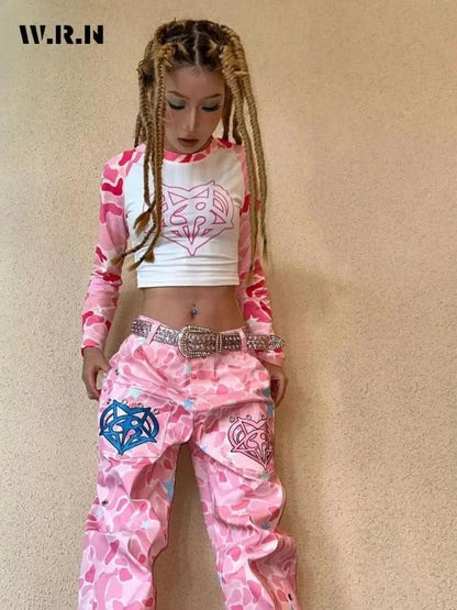 Women's Casual High Street Full Length Baggy Emo Denim Trouser Hotsweet Loose Fit Jeans Pink Print High Waist Y2K 2000s Pants asasshop