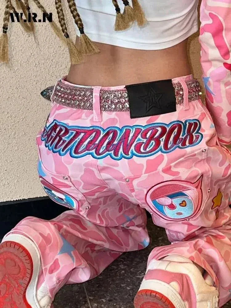 Women's Casual High Street Full Length Baggy Emo Denim Trouser Hotsweet Loose Fit Jeans Pink Print High Waist Y2K 2000s Pants asasshop