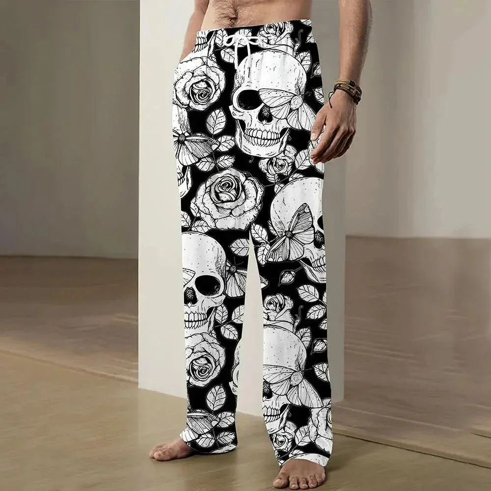 2025 New Fashion Skull Graphic Print Trousers Plus Size Loose Fit Men's Casual Pants Outdoor Daily Wear Drawstring Waist Pants