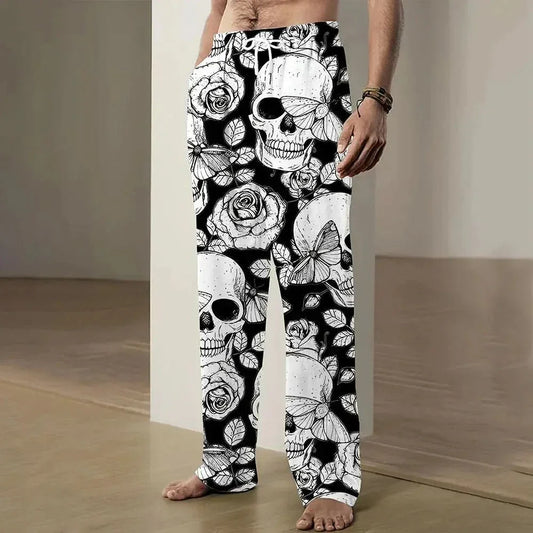 2025 New Fashion Skull Graphic Print Trousers Plus Size Loose Fit Men's Casual Pants Outdoor Daily Wear Drawstring Waist Pants