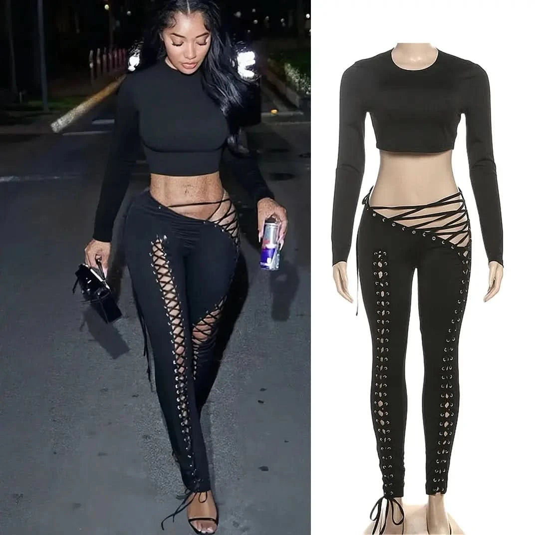 FAGADOER Sexy Bandage Patchwork 2 Piece Sets Woman Outfit Halter Sleeveless Crop Tops and Pants Matching Suit Female Streetwear