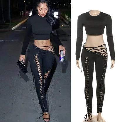 FAGADOER Sexy Bandage Patchwork 2 Piece Sets Woman Outfit Halter Sleeveless Crop Tops and Pants Matching Suit Female Streetwear
