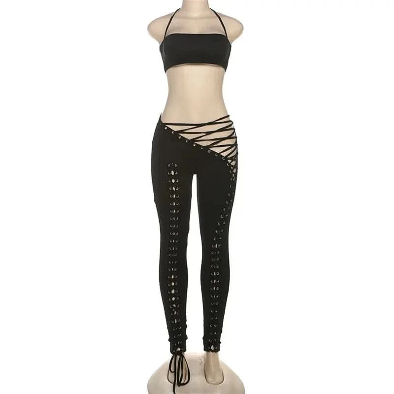 FAGADOER Sexy Bandage Patchwork 2 Piece Sets Woman Outfit Halter Sleeveless Crop Tops and Pants Matching Suit Female Streetwear