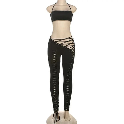 FAGADOER Sexy Bandage Patchwork 2 Piece Sets Woman Outfit Halter Sleeveless Crop Tops and Pants Matching Suit Female Streetwear