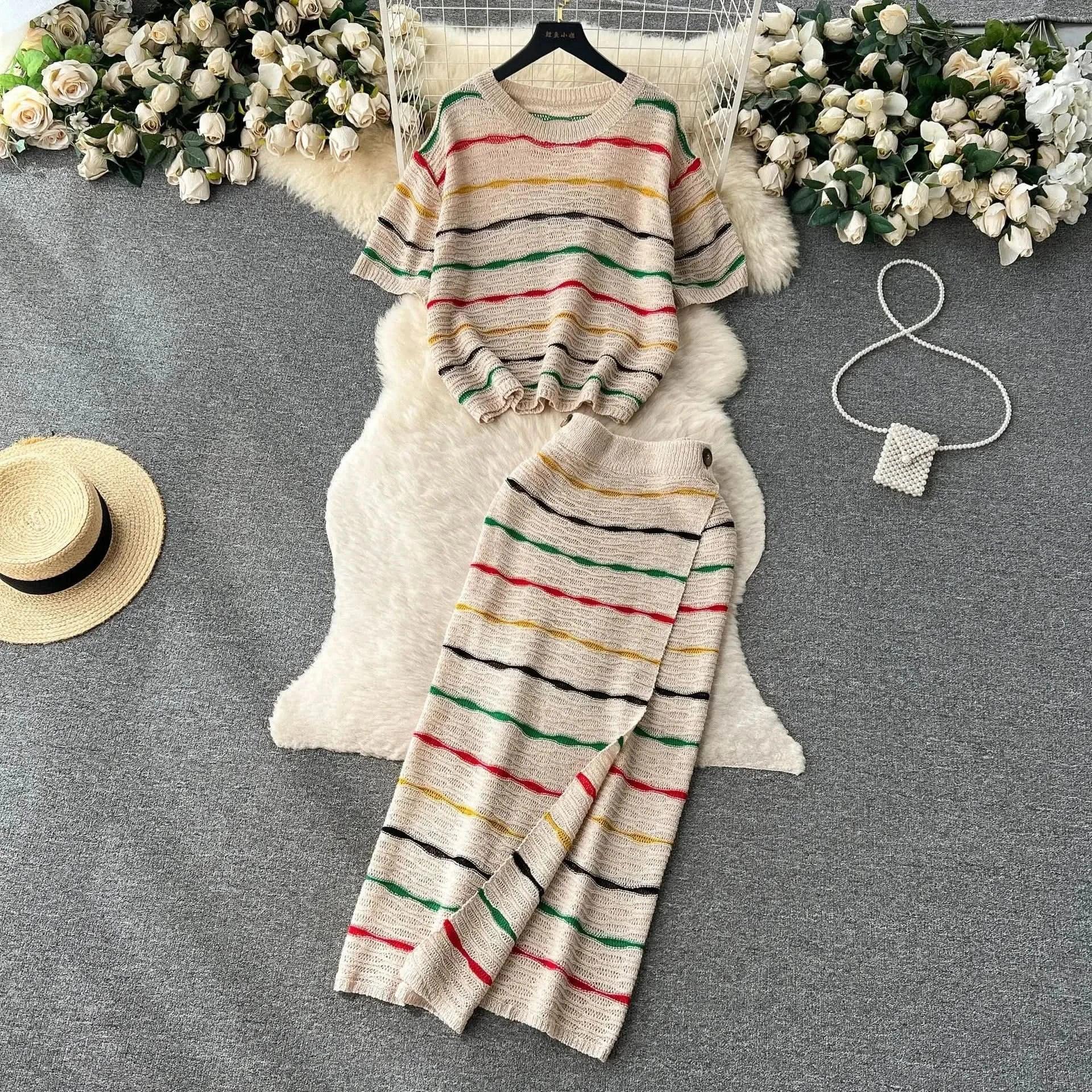 Dress Stets Women Short Sleeve Striped O Neck Tops Knitting Two Pieces Set Slim Sexy High Waist Ankle Length Y2k Streetwear