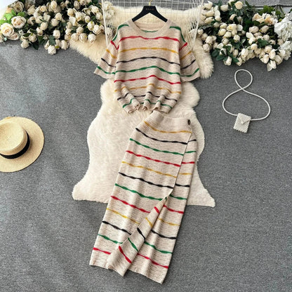 Dress Stets Women Short Sleeve Striped O Neck Tops Knitting Two Pieces Set Slim Sexy High Waist Ankle Length Y2k Streetwear