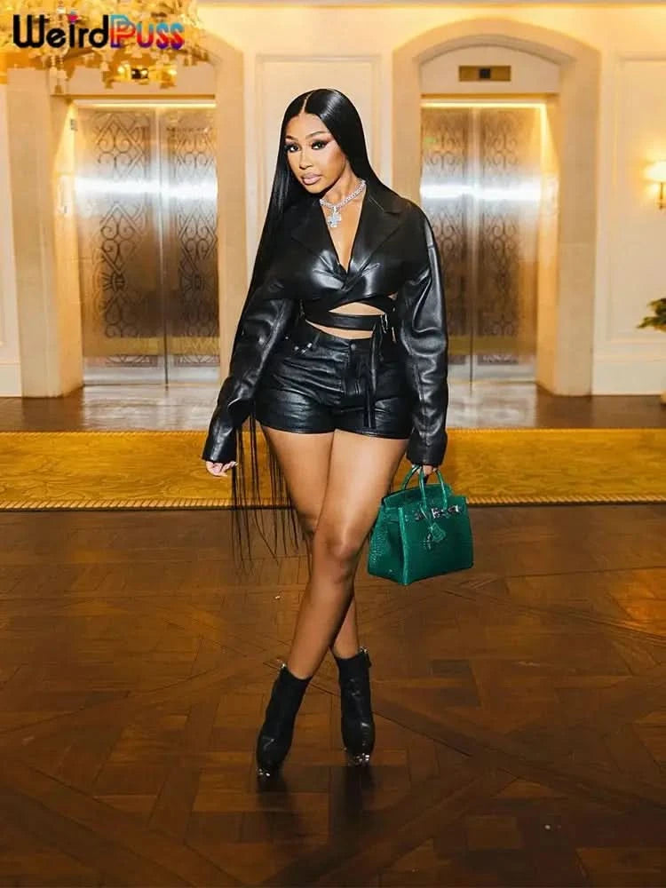 Weird Puss PU Hipster Leather 2 Piece Set Women Fall Trend v-Neck Cross Sash Sexy Crop Tops+Shorts Matching Streetwear Outfits