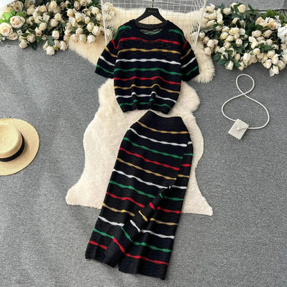 Dress Stets Women Short Sleeve Striped O Neck Tops Knitting Two Pieces Set Slim Sexy High Waist Ankle Length Y2k Streetwear