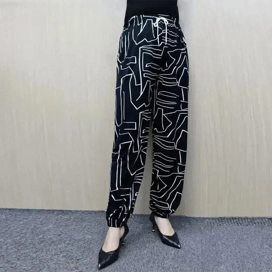 Summer Thin Loose Bloomers Trousers Female Clothing Casual Printed High Waist Elastic Stylish Drawstring Commute Vintage Pants