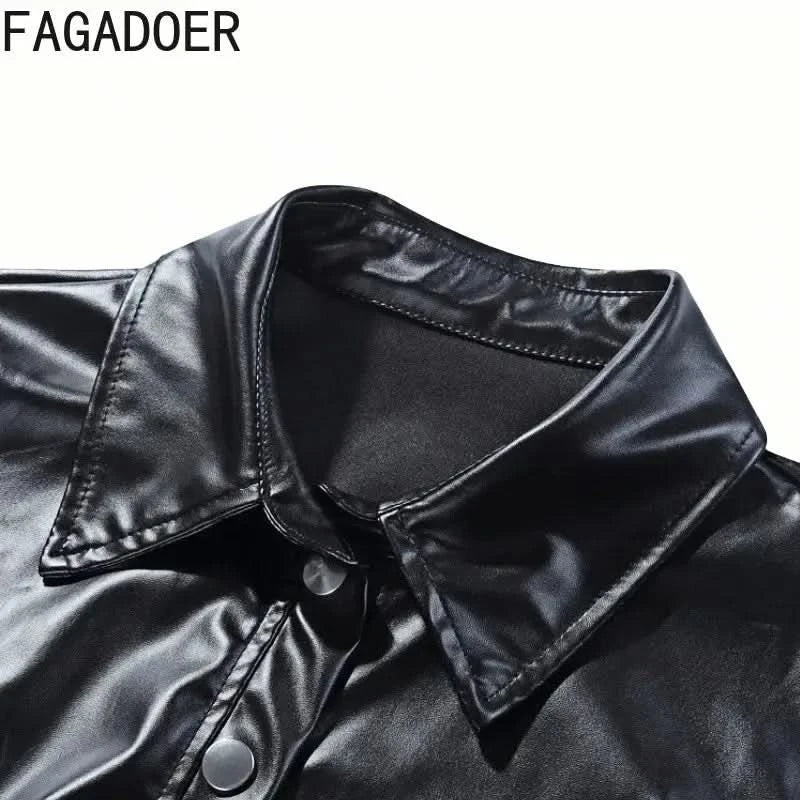 FAGADOER Leather Shorts Sets Women 2 Piece Outfits Sexy Faux PU Short Sleeve Button Crop Top and Shorts Party Club Night 2024