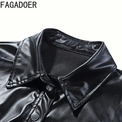 FAGADOER Leather Shorts Sets Women 2 Piece Outfits Sexy Faux PU Short Sleeve Button Crop Top and Shorts Party Club Night 2024