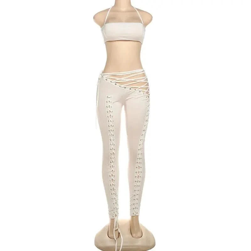 FAGADOER Sexy Bandage Patchwork 2 Piece Sets Woman Outfit Halter Sleeveless Crop Tops and Pants Matching Suit Female Streetwear