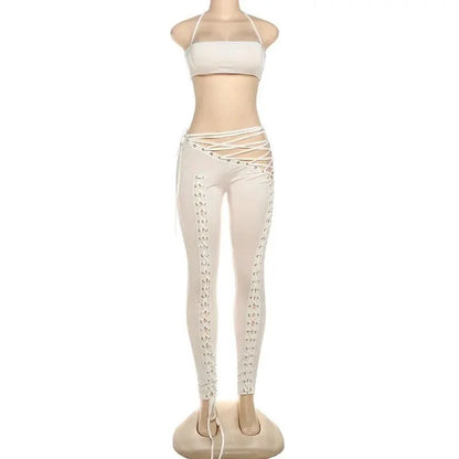 FAGADOER Sexy Bandage Patchwork 2 Piece Sets Woman Outfit Halter Sleeveless Crop Tops and Pants Matching Suit Female Streetwear