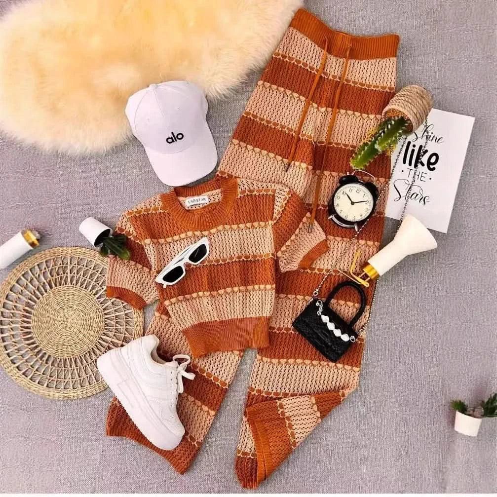Fashionable Color-blocking Striped Hollowed-out Knitted Set for The Summer of 2025, Featuring A Retro Japanese Laid-back Style