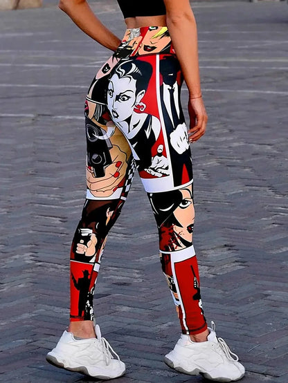 Women's High-Waisted Lip Print Yoga Pants Sexy Red Lips Poster Design Workout Leggings