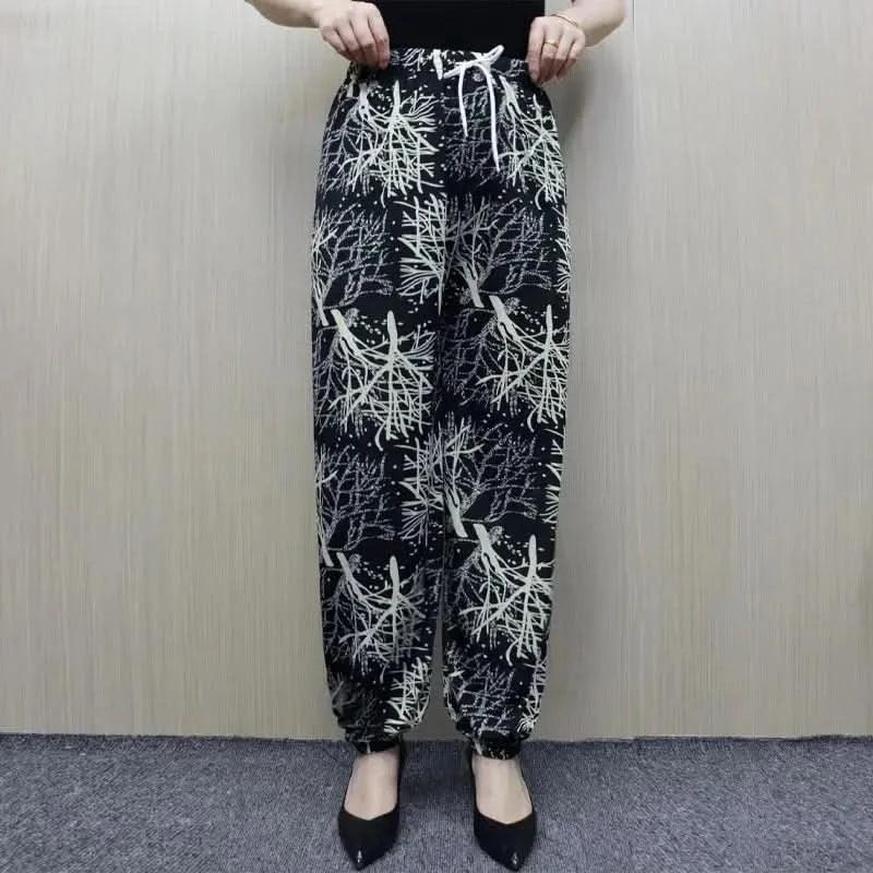 Summer Thin Loose Bloomers Trousers Female Clothing Casual Printed High Waist Elastic Stylish Drawstring Commute Vintage Pants