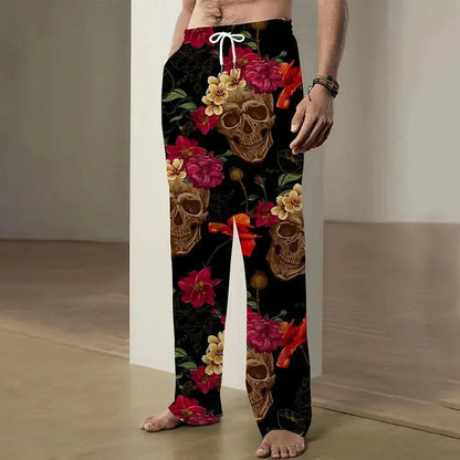 2025 New Fashion Skull Graphic Print Trousers Plus Size Loose Fit Men's Casual Pants Outdoor Daily Wear Drawstring Waist Pants