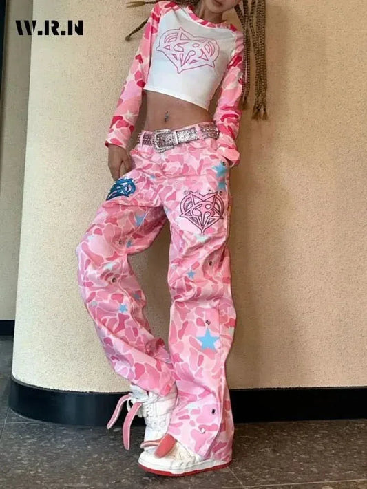 Women's Casual High Street Full Length Baggy Emo Denim Trouser Hotsweet Loose Fit Jeans Pink Print High Waist Y2K 2000s Pants asasshop
