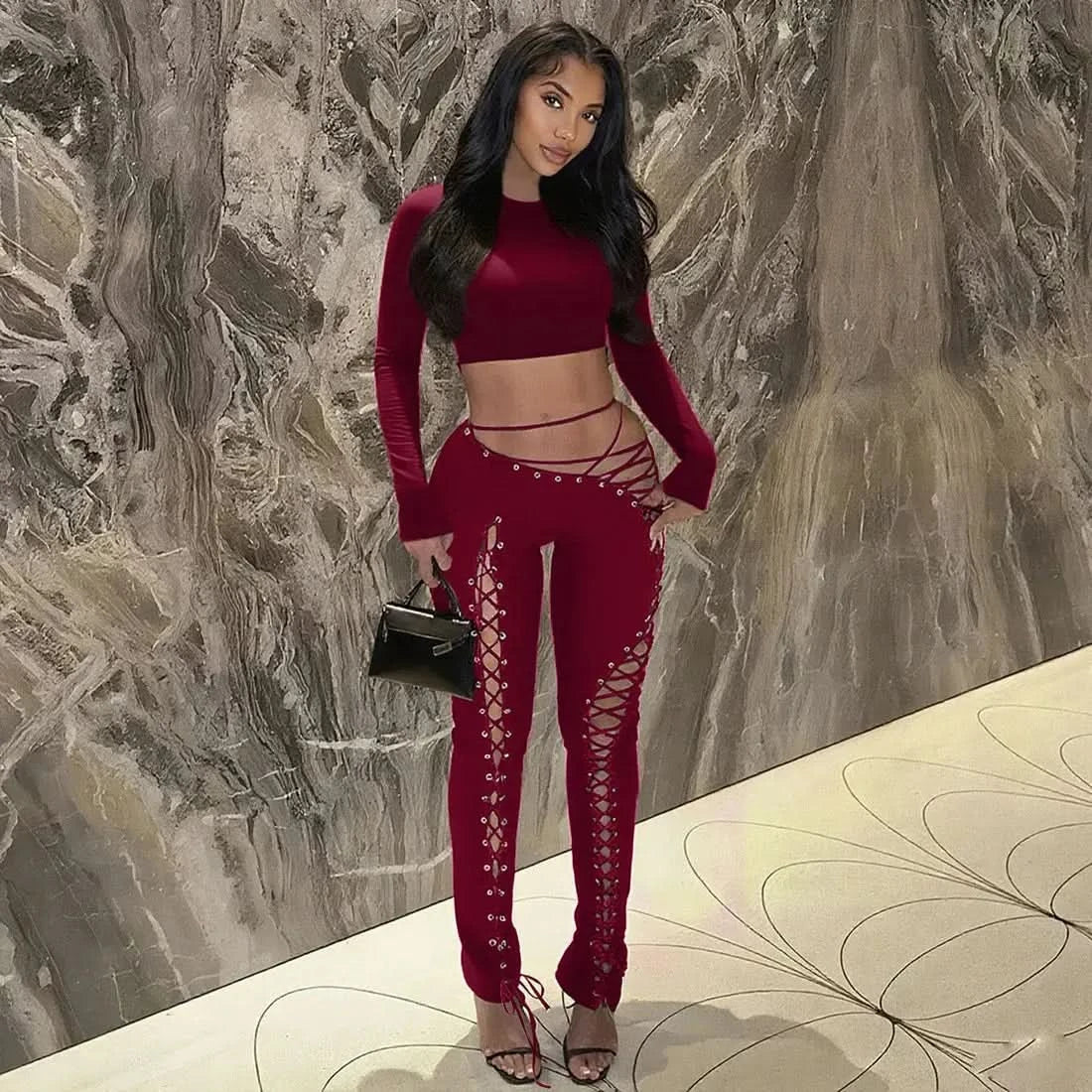 FAGADOER Sexy Bandage Patchwork 2 Piece Sets Woman Outfit Halter Sleeveless Crop Tops and Pants Matching Suit Female Streetwear