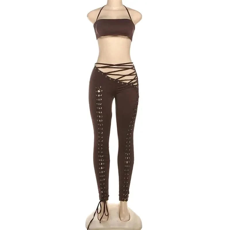 FAGADOER Sexy Bandage Patchwork 2 Piece Sets Woman Outfit Halter Sleeveless Crop Tops and Pants Matching Suit Female Streetwear