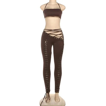 FAGADOER Sexy Bandage Patchwork 2 Piece Sets Woman Outfit Halter Sleeveless Crop Tops and Pants Matching Suit Female Streetwear
