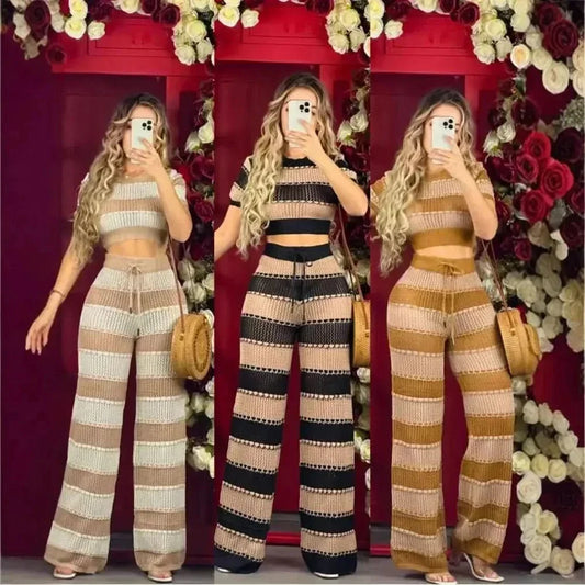 Fashionable Color-blocking Striped Hollowed-out Knitted Set for The Summer of 2025, Featuring A Retro Japanese Laid-back Style