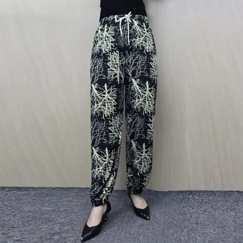 Summer Thin Loose Bloomers Trousers Female Clothing Casual Printed High Waist Elastic Stylish Drawstring Commute Vintage Pants
