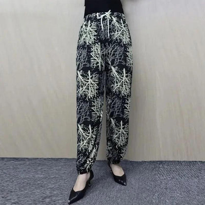Summer Thin Loose Bloomers Trousers Female Clothing Casual Printed High Waist Elastic Stylish Drawstring Commute Vintage Pants